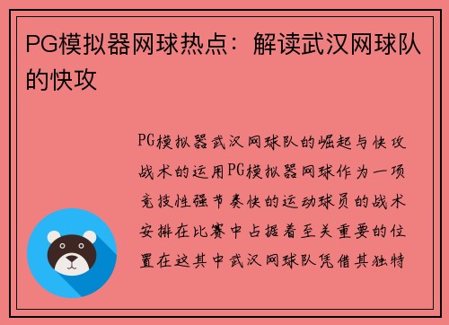 PG模拟器网球热点：解读武汉网球队的快攻