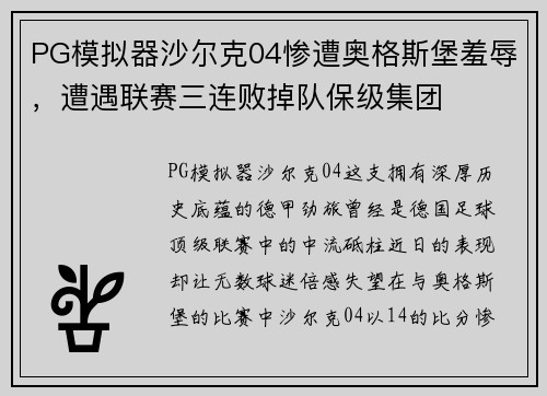 PG模拟器沙尔克04惨遭奥格斯堡羞辱，遭遇联赛三连败掉队保级集团